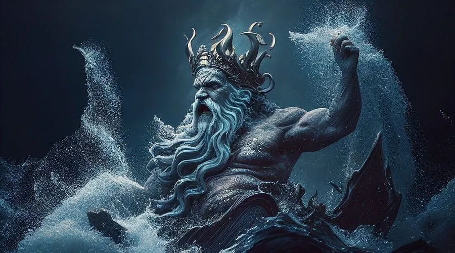 Poseidón emergiendo del agua rodeada de olas. tiene larga barba blanca y una corona de tentáculos. Esta imagen está relacionada con las mitologías griegas.