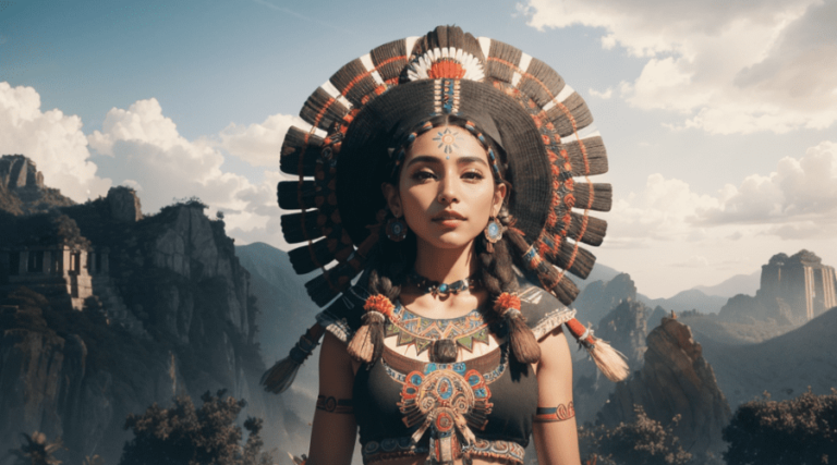 Una mujer azteca con un tocado de plumas de quetzal y cuentas de estilo mexicano. El tocado representa el universo y el cielo de la mitología azteca.