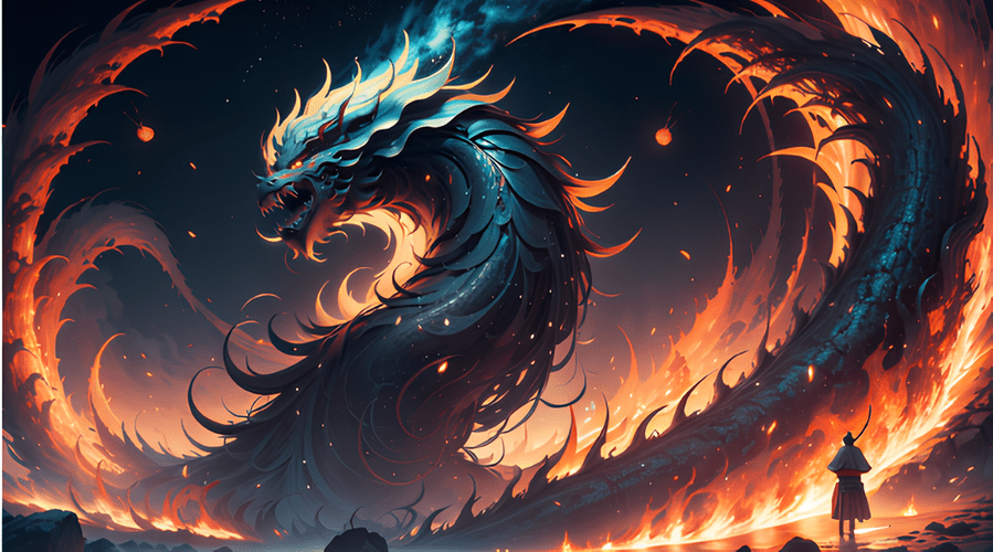 Un dragón azul y naranja en posición enroscada con una persona parada frente a él. El dragón tiene un cuello largo y una cabeza con dientes afilados y cuernos. El fondo es un cielo azul oscuro con nubes naranjas. Esta imagen representa la mitología japonesa.