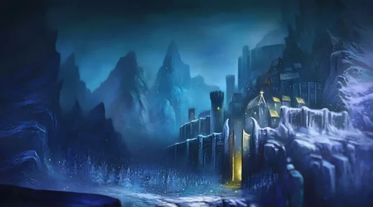 Un paisaje de fantasía oscuro, helado y montañoso con un castillo en el centro. El castillo está hecho de hielo y tiene luces amarillas brillando a través de las ventanas. El cielo es de un azul profundo. Esta imagen representa la mitología nórdica.