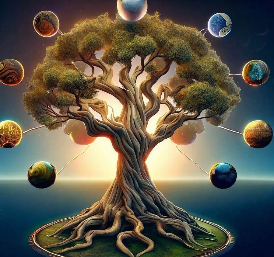 En la mitología vikinga existe el árbol Yggdrasil que tiene un tronco grueso y retorcido con muchas ramas, que conecta los nueve mundos de diferentes tamaños y colores.