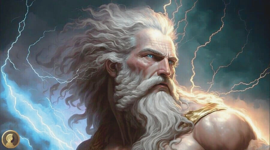 Un retrato de Zeus, el dios supremo de la MITOLOGÍA griega, con barba y cabello blancos, adornos dorados y rayos en el cielo