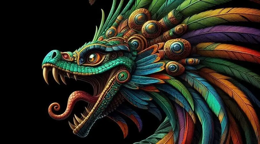 La imagen muestra una la representación de uno de los dioses de la mitología azteca este es el dios Quetzalcóatl, caracterizado por su apariencia de serpiente emplumada. La cabeza de la serpiente tiene tonalidades de verde, amarillo, naranja, rojo, púrpura y azul que crean un efecto visual impresionante. Los ojos son grandes, expresivos y están rodeados por adornos dorados.