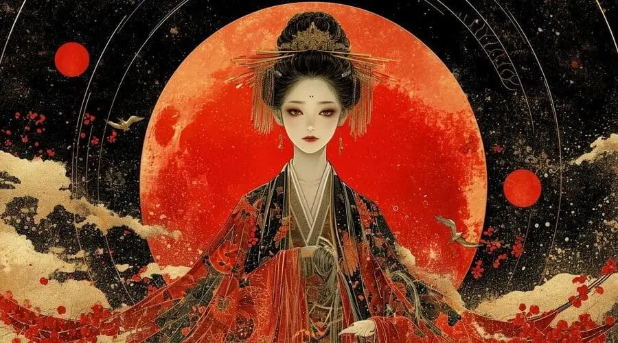 La imagen representa a Amaterasu uno de los dioses de la mitología japonesa. este dios esta vestido con un kimono negro con un estampado de flores rojas. La imagen tiene un fondo de una luna roja grande de color rojo. Las líneas curvas blancas que atraviesan la imagen podrían representar órbitas planetarias o trayectorias de estrellas fugaces, y los pájaros cerca de la luna añaden dinamismo a la composición.