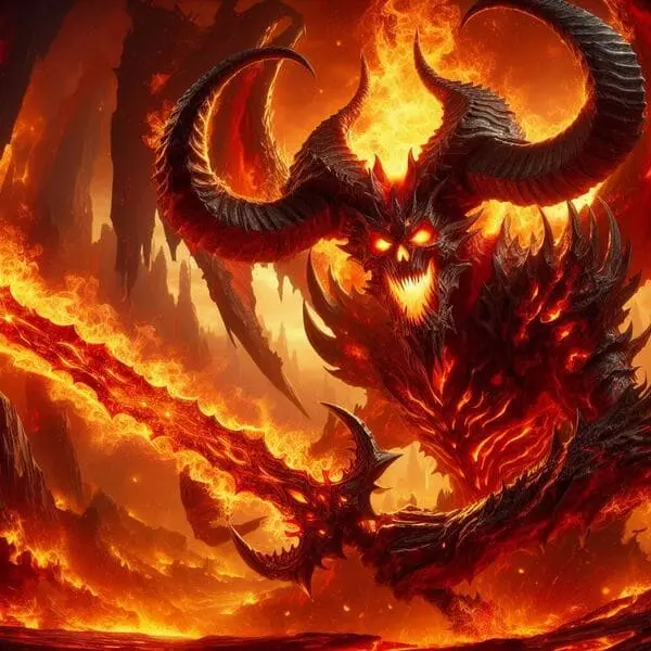 Surtr: Es una criatura imponente y ardiente en medio de un infierno llameante, con grandes cuernos, cubierto de llamas y piel similar a la lava fundida, empuñando una espada masiva envuelta en llamas.