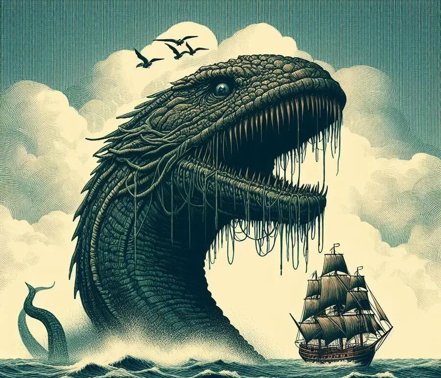Monstruos Nórdicos - Hafgufa: un gran monstruo marino emergiendo del océano, con un barco antiguo flotando sobre