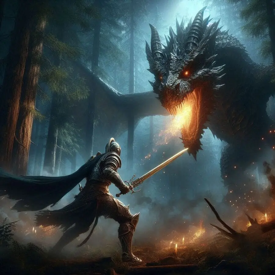 Representación épica de Sigurd, el gran guerrero de los héroes nórdicos, enfrentando al temible dragón en una batalla legendaria.